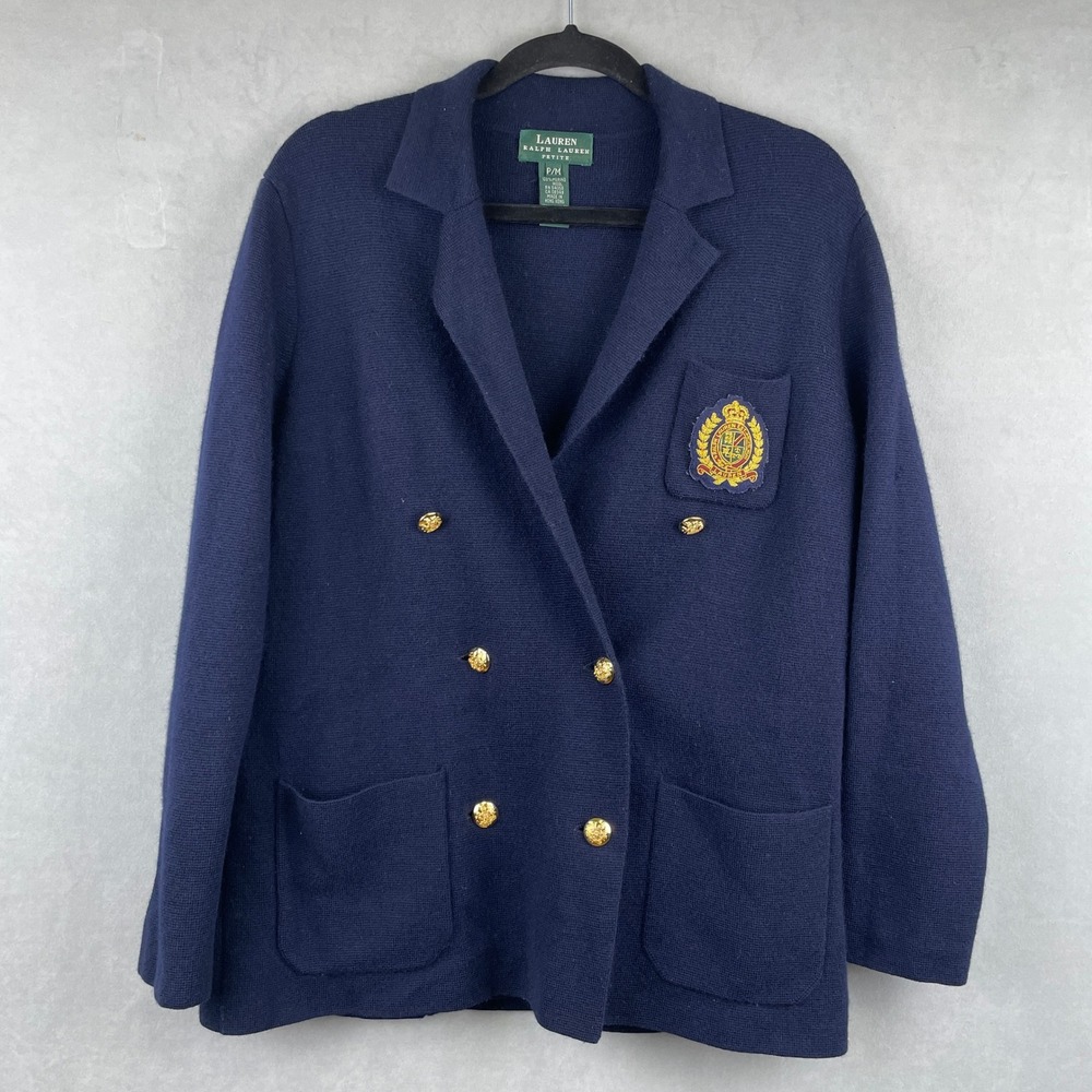VTG Lauren Ralph Lauren Petite Blue Merino Wool Double Breasted Knit‎ Blazer PM